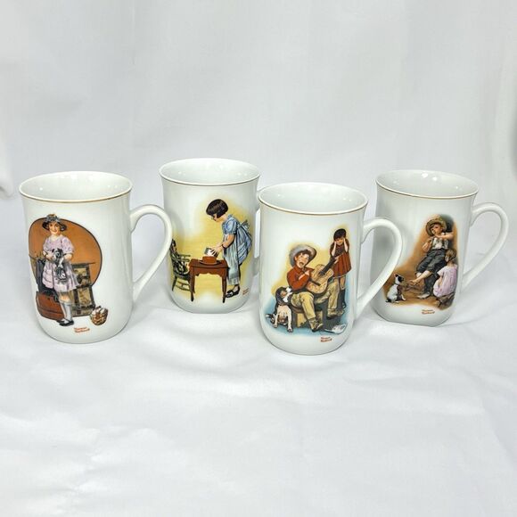 Vintage Norman Rockwell Museum Coffee Cup 1981 Set of 4 Ceramic White w/Gold NOS - Picture 1 of 14